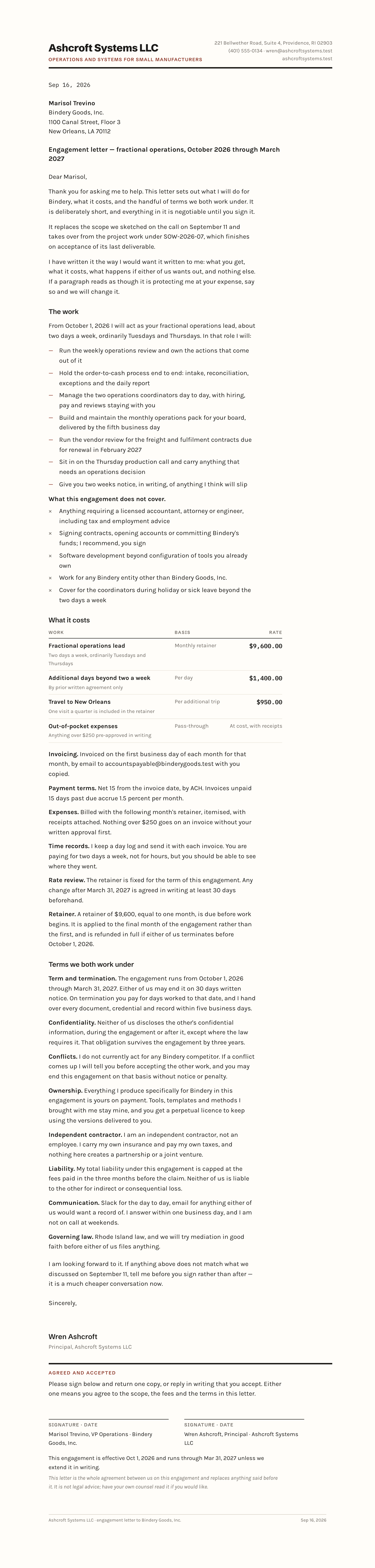 Rendered preview of the engagement-letter template