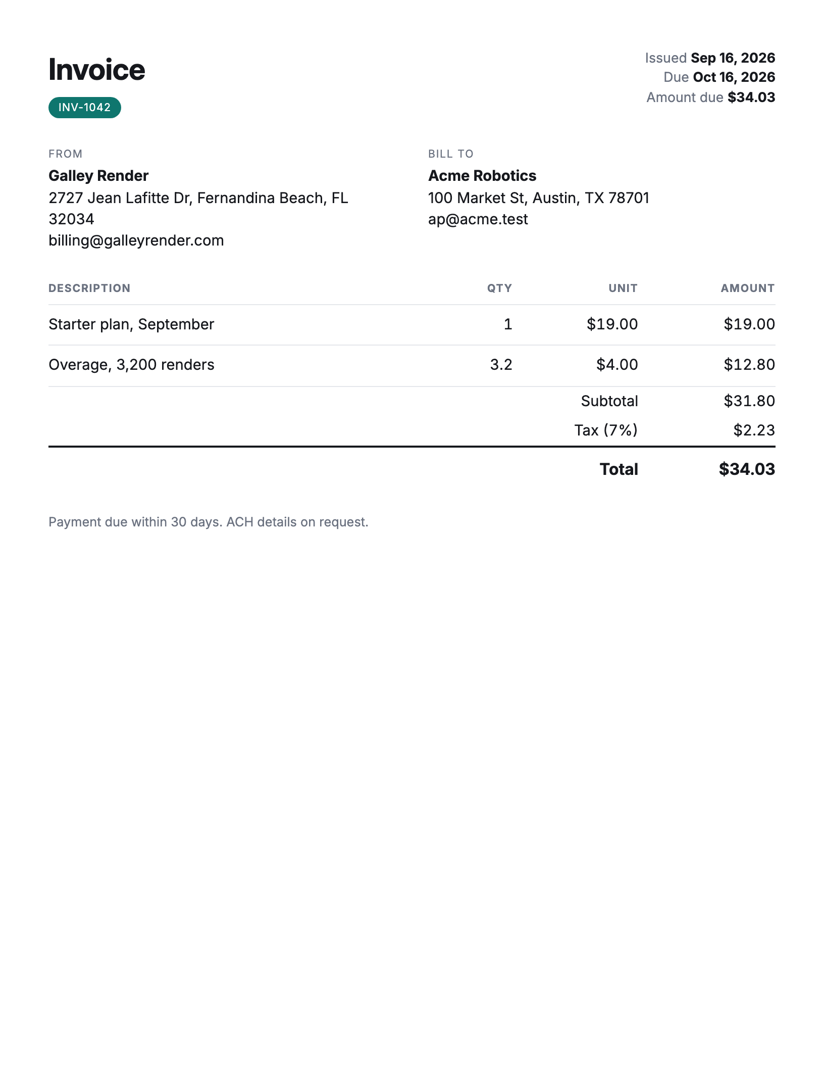 A rendered invoice: seller and buyer blocks, two line items, tax and total.