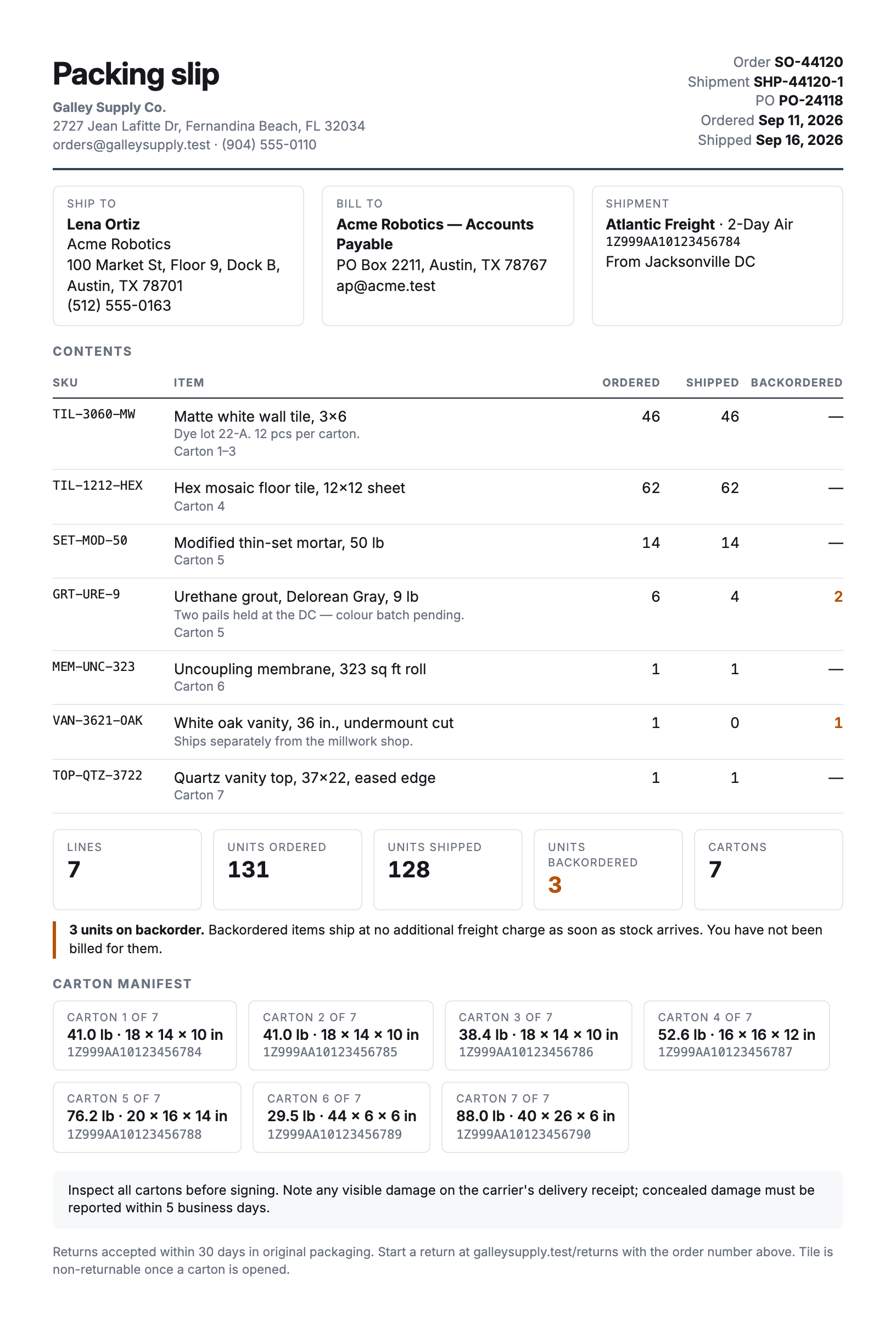 Rendered preview of the packing-slip template