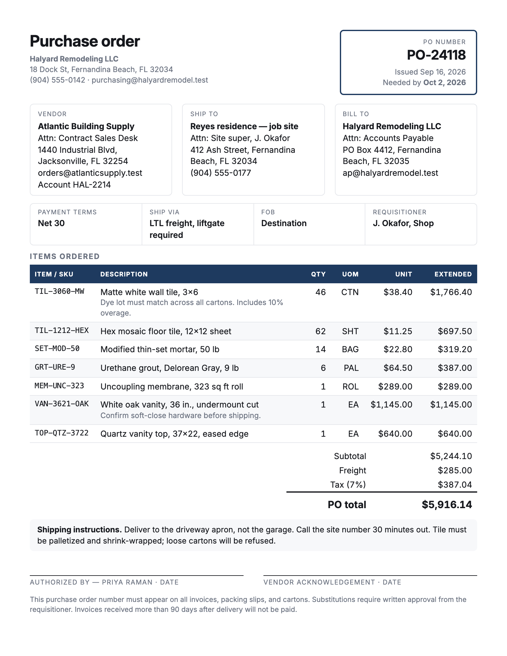 Rendered preview of the purchase-order template