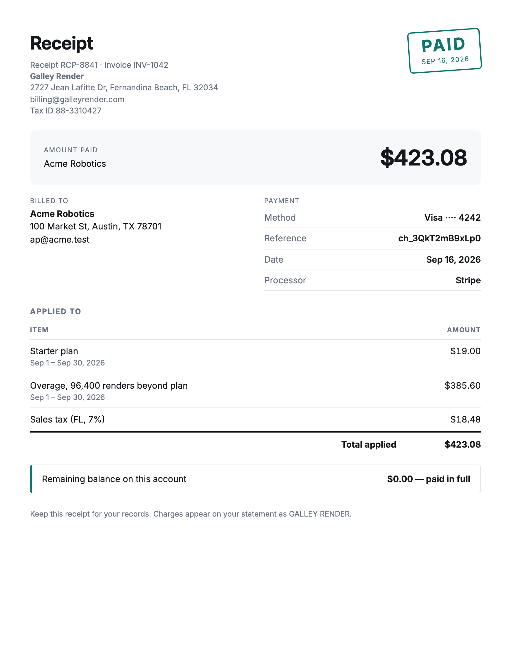 Rendered preview of the receipt template