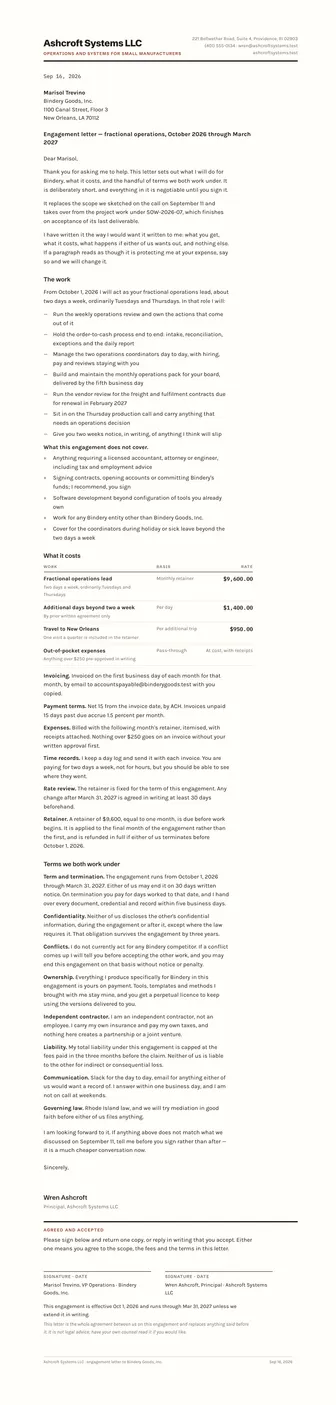 Preview of the engagement letter template