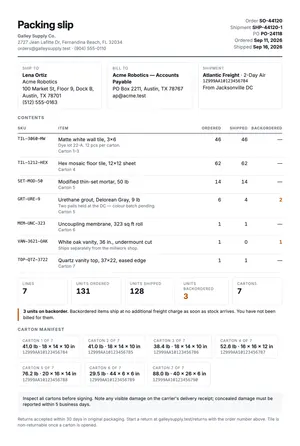 Preview of the packing-slip template