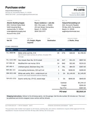 Preview of the purchase-order template