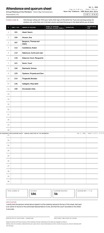 Preview of the sign-in sheet template