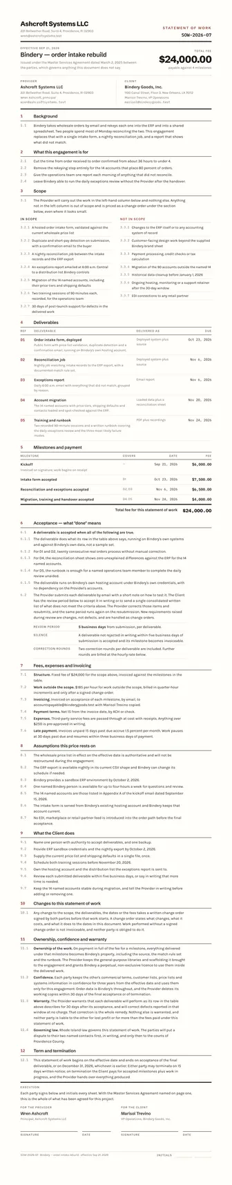 Preview of the statement of work template