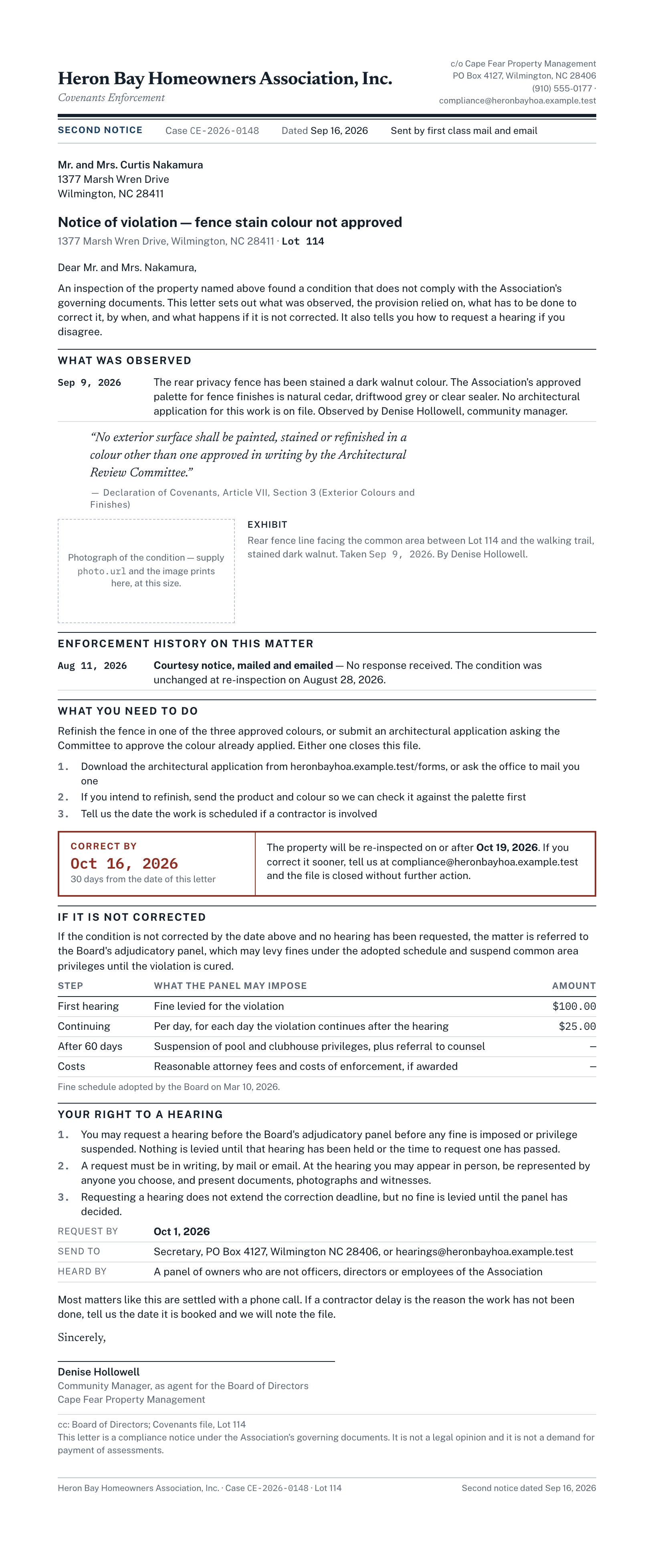 Rendered preview of the violation-letter template