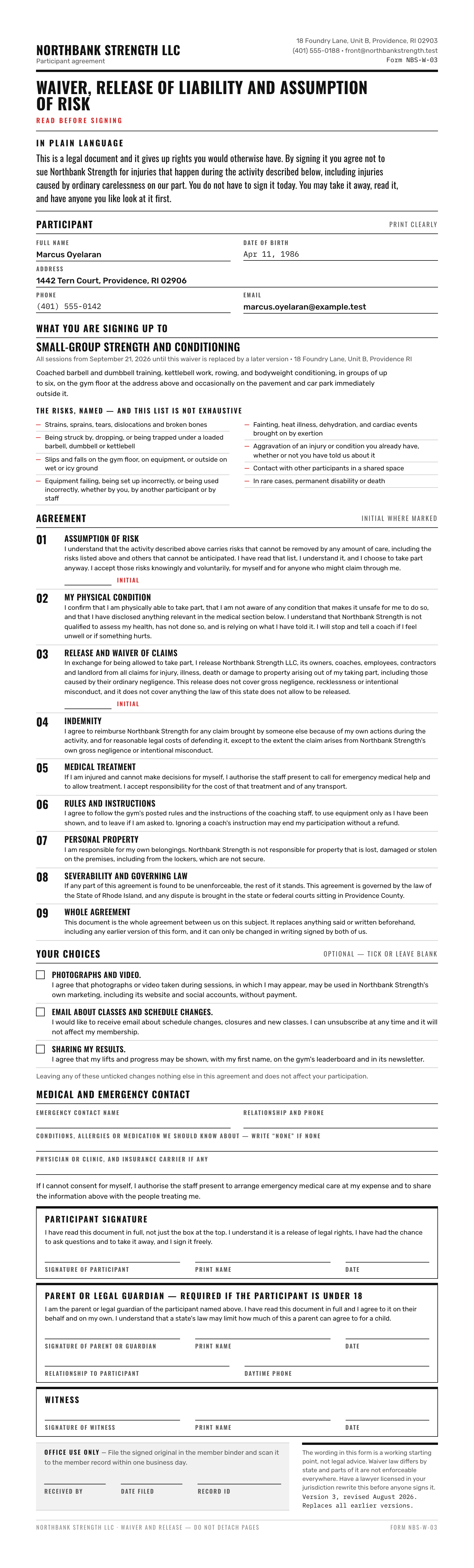 Rendered preview of the waiver template